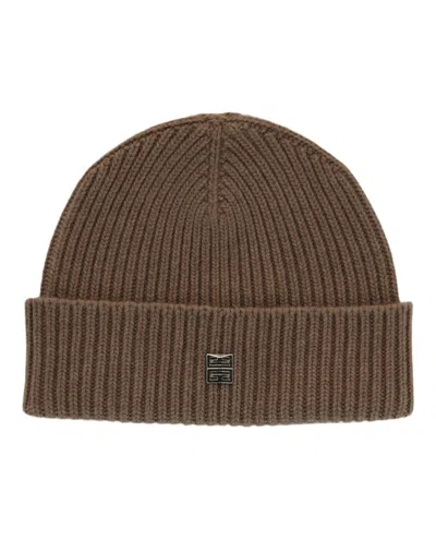 Givenchy Textured Knit Ribbed Beanie With Monogram Accent In Brown