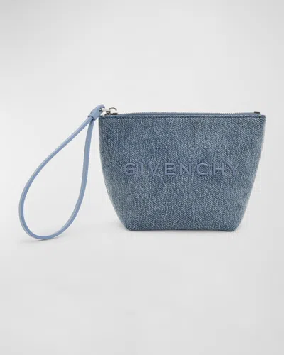 Givenchy Travel Zip Top Pouch In Washed Denim With Wristlet In Medium Blue