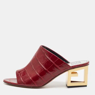 Pre-owned Givenchy Triangle Size 39 Burgundy Croc Embossed Leather Mules