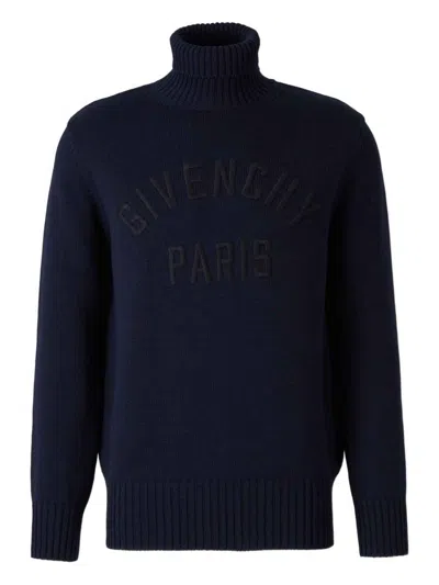 Givenchy Turtleneck Sweater In Cotton With Paris Embroidery Clothing In Blue