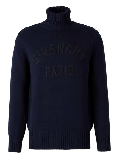 Givenchy Turtleneck Sweater In Cotton With Paris Embroidery Clothing In Blue