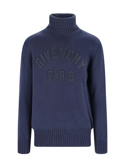 Givenchy Turtleneck Sweater In Cotton With Paris Embroidery In Blue
