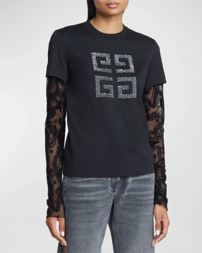 Givenchy Two-layer Beaded 4g Shirt With Mesh Sleeves In Black