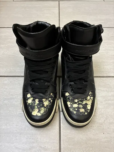 Pre-owned Givenchy Tyson Floral Black Leather High Top Men Sneakers (size 9)