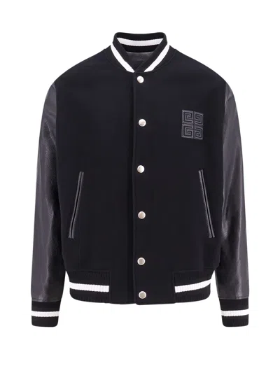 Givenchy Varsity Wool Blend Bomber With Leather Sleeves In Black
