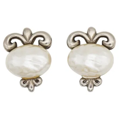Pre-owned Givenchy Vintage 1980 White Oval Pearl Fleur De Lis Lily Filigree Clip Earrings