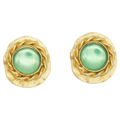 Pre-owned Givenchy Vintage 1980s Gripoix Emerald Green Crystals Wave Rope Clip Earrings