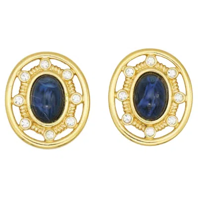 Pre-owned Givenchy Vintage 1980s Gripoix Large Lapis Oval Crystals Openwork Clip Earrings In Multi