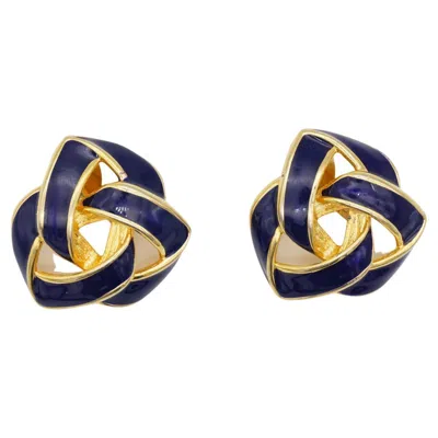 Pre-owned Givenchy Vintage 1980s Large Gold Blue Navy Enamel Interlocked Chunky Earrings