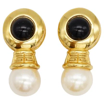 Pre-owned Givenchy Vintage 4g Logo Monogram Onyx Cabochon White Pearl Gold Clip Earrings