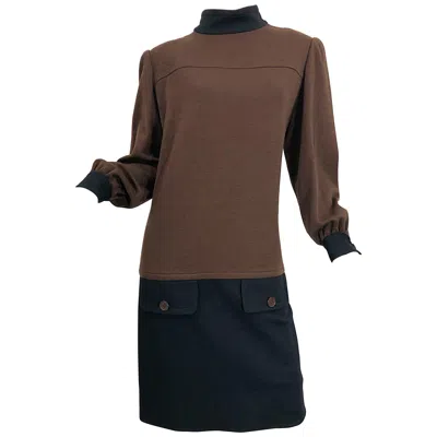 Pre-owned Givenchy Vintage 80s  Brown And Black Virgin Wool Long Sleeve Mock Neck Sac Dress