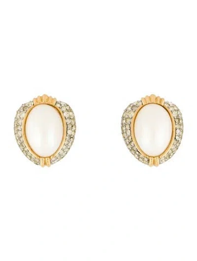 Pre-owned Givenchy Vintage Crystal & Faux Pearl Clip-on Earrings In White