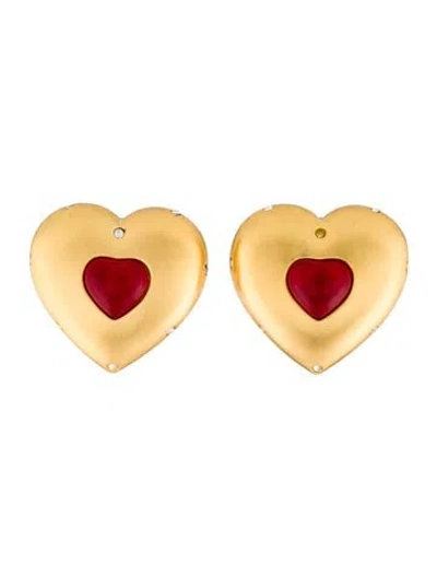 Pre-owned Givenchy Vintage Crystal & Resin Heart Clip-on Earrings In Red