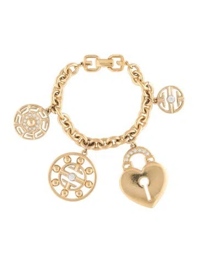 Pre-owned Givenchy Vintage Crystal, Heart & Lock Medallions Link Bracelet, 6.5" In Multicolor