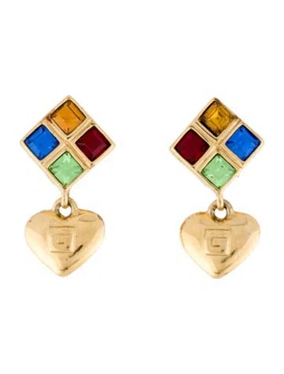 Pre-owned Givenchy Vintage Crystal Heart Clip-on Drop Earrings In Multi