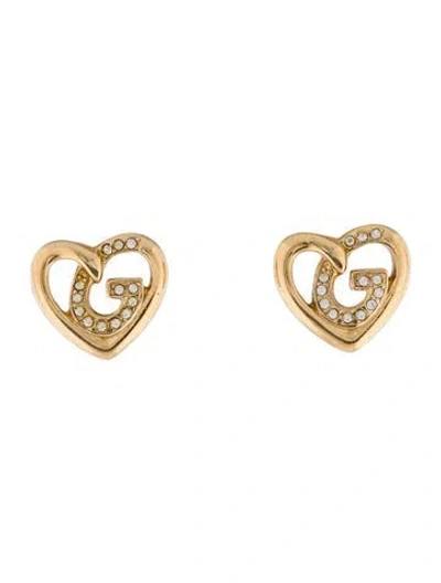 Pre-owned Givenchy Vintage Crystal Heart G Clip-on Earrings In Transparent