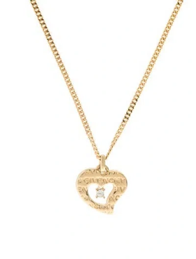 Pre-owned Givenchy Vintage Crystal Logo Heart Pendant Necklace, 17" In Transparent