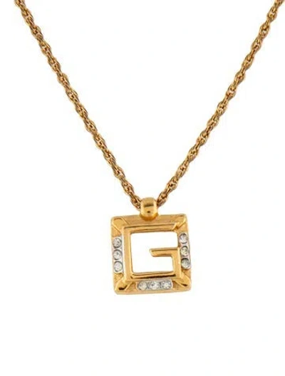 Pre-owned Givenchy Vintage Crystal Logo Pendant Necklace, 15.5" In Clear