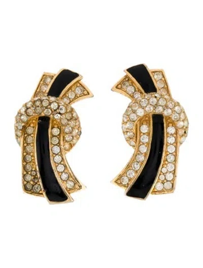 Pre-owned Givenchy Vintage Enamel & Crystal Clip-on Earrings In Black