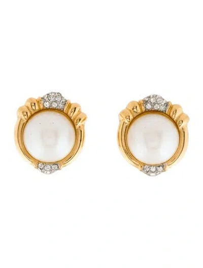 Pre-owned Givenchy Vintage Faux Pearl & Crystal Clip-on Earrings In White