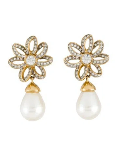 Pre-owned Givenchy Vintage Faux Pearl & Crystal Clip-on Earrings In White