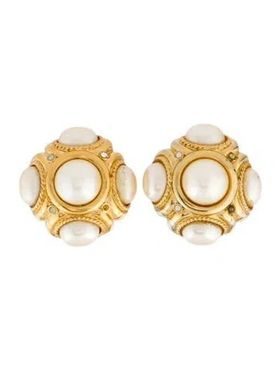 Pre-owned Givenchy Vintage Faux Pearl & Crystal Clip-on Earrings In White