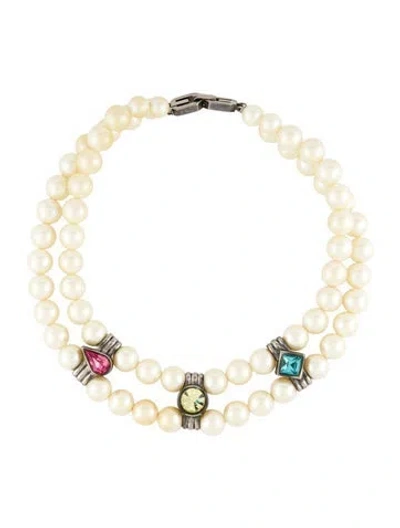 Pre-owned Givenchy Vintage Faux Pearl & Crystal Double Strand Necklace, 15.75" In Multi