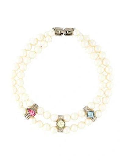 Pre-owned Givenchy Vintage Faux Pearl & Crystal Double Strand Necklace, 16" In Multi