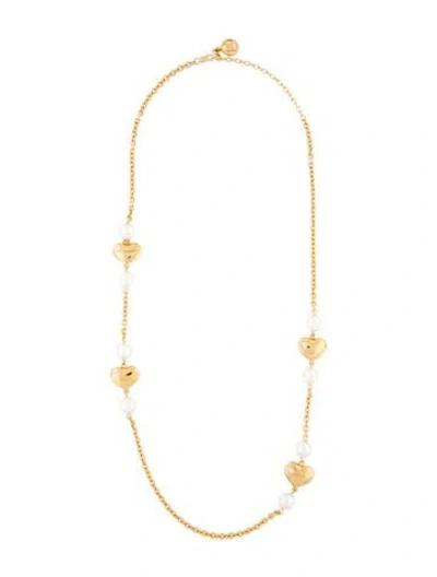 Pre-owned Givenchy Vintage Faux Pearl & Crystal Heart Station Necklace In Multi