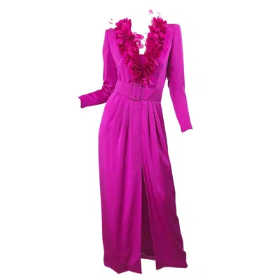 Pre-owned Givenchy Vintage  Couture Hot Pink Fuchsia 1980s Feathers Belted Long Sleeve Gown