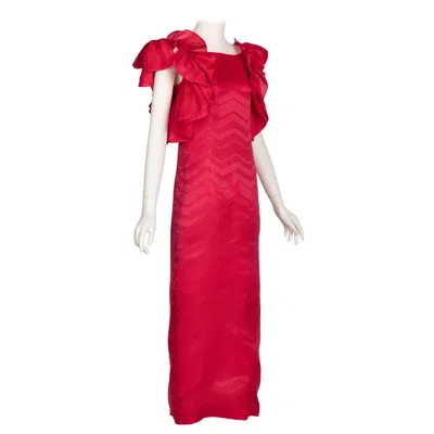 Pre-owned Givenchy Vintage  Couture Magenta Silk Chevron Sleeveless Ruffle Bow Dress In Red