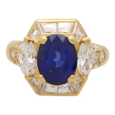 Pre-owned Givenchy Vintage  Gia Certified Sapphire And Diamond Cluster Ring In Yellow Gold