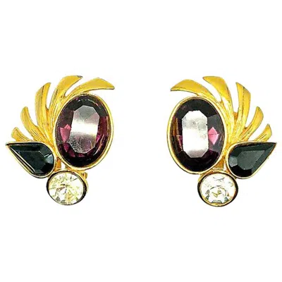 Pre-owned Givenchy Vintage  Gold & Amethyst Feather Earrings 1980s In Purple
