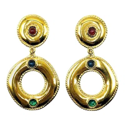Pre-owned Givenchy Vintage  Gold & Cabochon Sapphire Emerald Ruby Glass Jewelled Earrings In Green