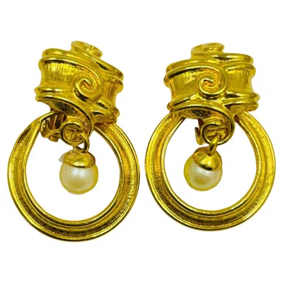 Pre-owned Givenchy Vintage  Gold Pearl Door Knocker Designer Clip On Earrings In Multi