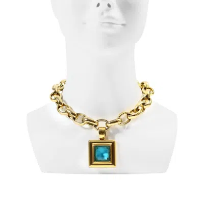 Pre-owned Givenchy Vintage  Gold Tone Chain Necklace With Blue Drop, 1980s France
