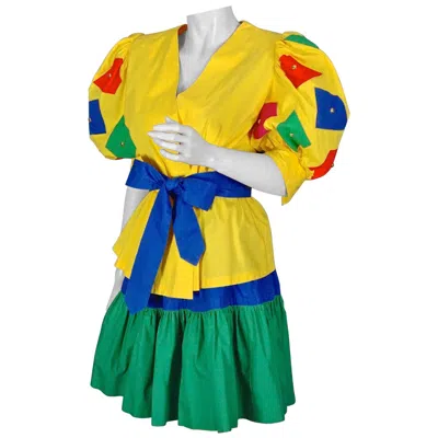 Pre-owned Givenchy Vintage  Nouvelle Boutique Color Block Balloon Sleeves Blouse Skirt Suit In Yellow