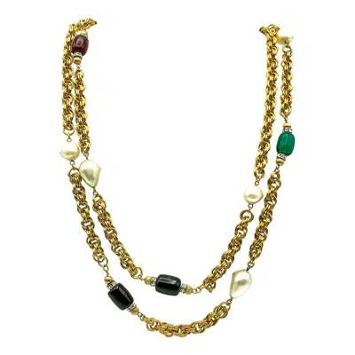 Pre-owned Givenchy Vintage  Poured Glass Pate De Verre Gems & Pearls Sautoir Chain Necklace In Sand