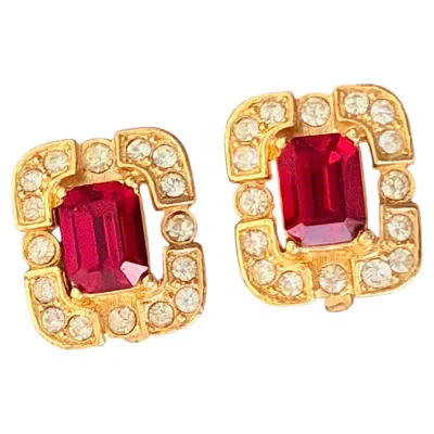 Pre-owned Givenchy Vintage Gold Gripoix Ruby Red Baroque Openwork Rectangle Earrings