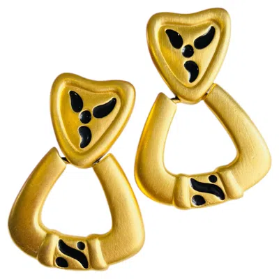Pre-owned Givenchy Vintage Gold Large Black Matte Triangle Love Hoop Drop Chunky Earrings
