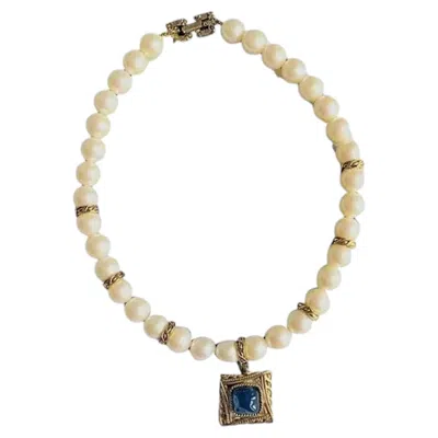 Pre-owned Givenchy Vintage Gold Large Blue Sapphire Pearls Square Statement Necklace