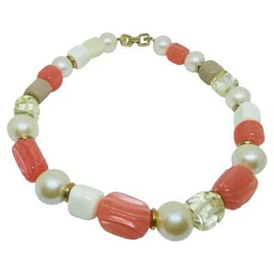 Pre-owned Givenchy Vintage Gold Tone Logo Peach Cream Pearl Resin Beaded Necklace In White