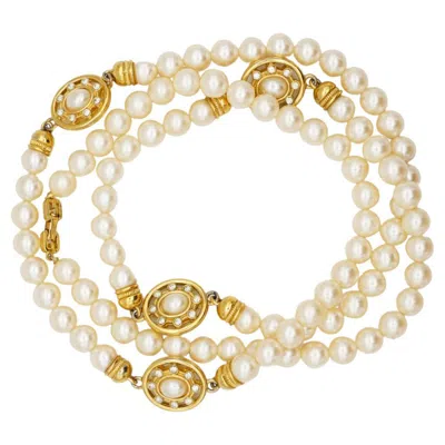 Pre-owned Givenchy Vintage Gold White Pearl Beads Four Oval Crystals Pendant Long Necklace