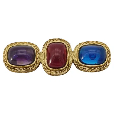 Pre-owned Givenchy Vintage Gripoix Crystals Sapphire Ruby Amethyst Long Bar Trio Brooch In Purple
