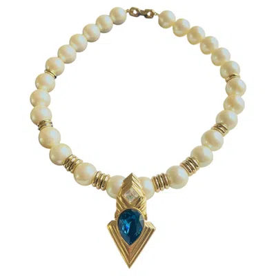 Pre-owned Givenchy Vintage Haute Couture Iconic Sapphire White Round Pearls Drop Necklace