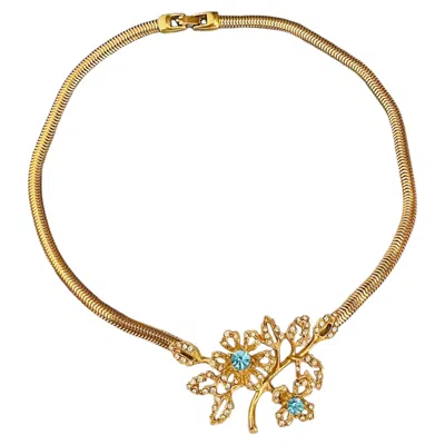 Pre-owned Givenchy Vintage Iconic Gold Large Blue Aqua Cluster Leaf Flower Snake Necklace