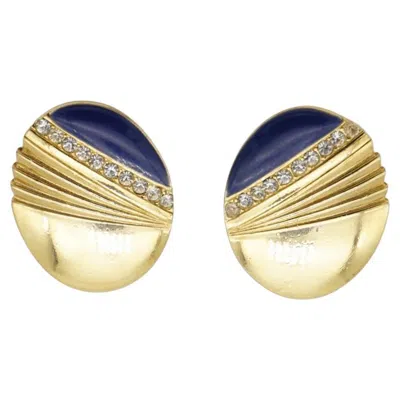 Pre-owned Givenchy Vintage Iconic Unisex Blue Oval Fan Shell Crystals Gold Oval Earrings
