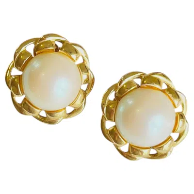 Pre-owned Givenchy Vintage Large Gold Round White Pearl Twist Rope Interlocked Earrings