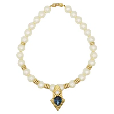Pre-owned Givenchy Vintage Large Sapphire White Round Pearls Diamond Tear Drop Necklace