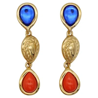 Pre-owned Givenchy Vintage Long Sapphire Coral Crystals Cabochon Water Drop Clip Earrings In Red